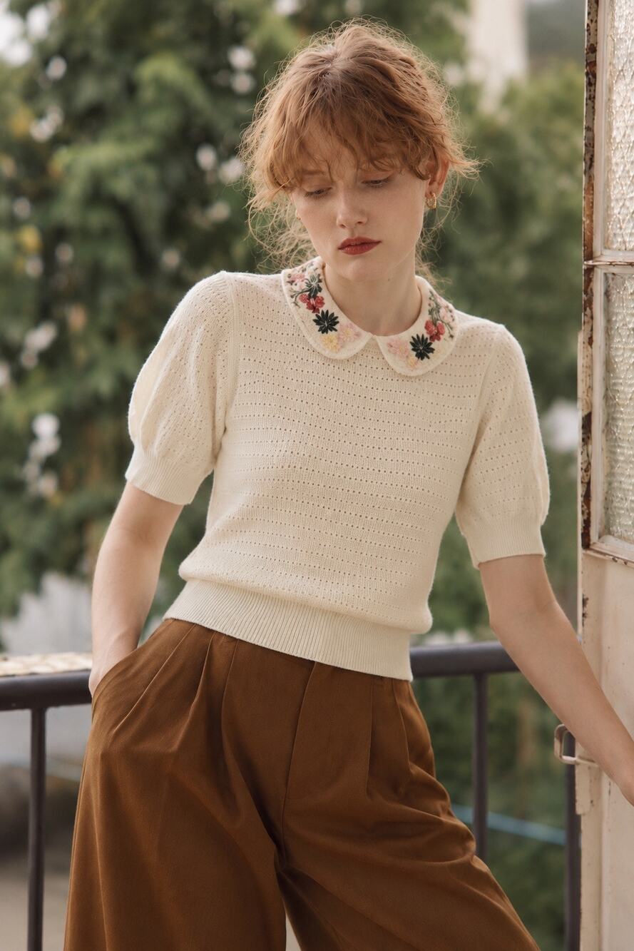 Alice + Olivia Cashmere Remmie Pointelle Peter Pan Collar Sweater Top Cream XS